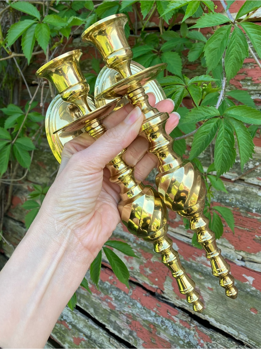 Whimsical Vintage Set of Solid Brass Candlestick Wall Sconces Cottage Decor